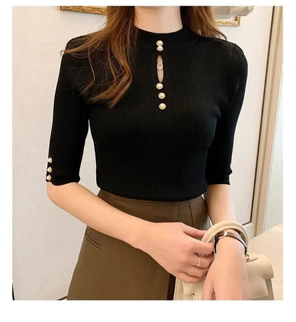 2025 frühling Herbst Korean Fashion Solid Pullover Frauen Kurzarm Tops Pull Femme Beiläufige Dünne Weibliche Pullover Gestrickte Kleidung.