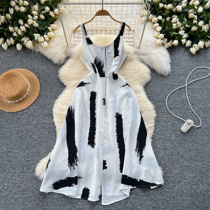 Neue Sommer Druck Süße Kleid Träger O Neck Backless Split Elegante Damen Urlaub Strand Party Midi Sommerkleid