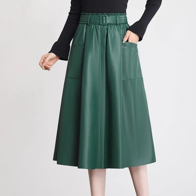 S-5XL New Women Plus Size Leather Skirt Spring Autumn Fashion Stretch Waist A-Line Loose Long Skirt Split Leather Sheepskin