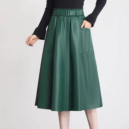 S-5XL New Women Plus Size Leather Skirt Spring Autumn Fashion Stretch Waist A-Line Loose Long Skirt Split Leather Sheepskin