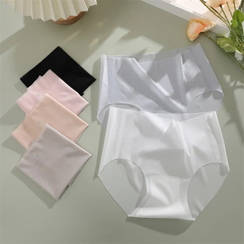 4PCS/Set Women's Ice Silk Seamless Panties Ultra Thin Briefs Breathable Underwear Female High Waist Intimates Lingerie Plus Size