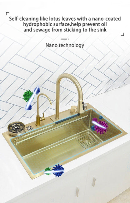 Waterfall Kitchen Sink Gold 304 Stainless Steel Modern Multifuctional Large Sink  Above Counter Apron Front Installation