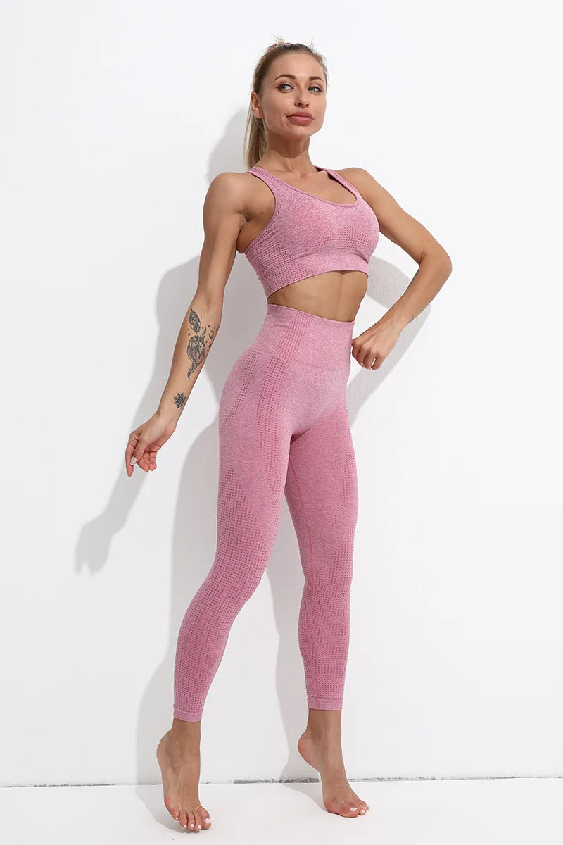 2/4PCS Summer Seamless Yoga Set Women Workout Clothes Sports Bra Short Sleeve Crop Top High Waist Legging Fitness Sports Suits.