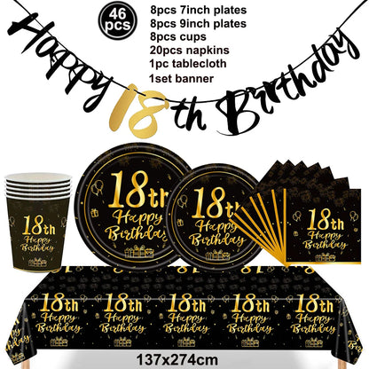 Dekore zum 18. Geburtstag für Jungen und Mädchen, Schwarz-Gold, Party-Banner, Ballon-Tischdecke, Teller, Tasse, Serviette, Partyzubehör zum 18. Geburtstag