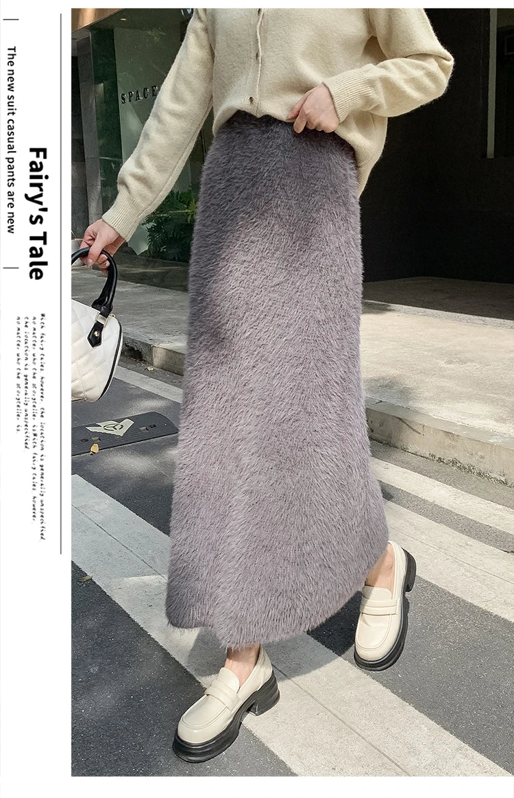 Autumn Winter New Knit Long Skirt Women Casual Thick Korean High Waist Soft A-Line Skirt
