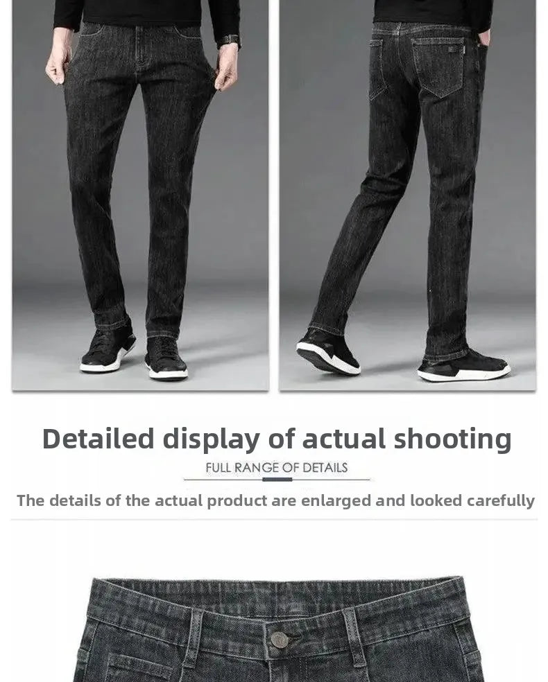 Loose Casual Jeans for Men Mid-aged Thick Winter Long Pants Business Style Straight Leg Spring Autumn Korean Version