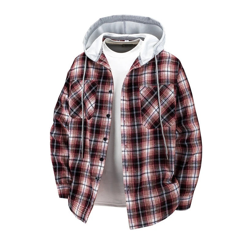 Hooded men's and women's wearable plaid shirts, Japanese shirt jackets for spring and fall, loose-fitting long-sleeve jackets..