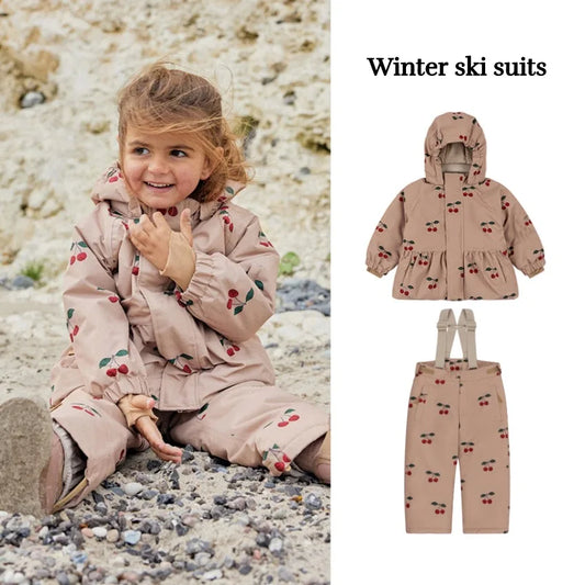 Konges Slojd 2025 Winter Baby Girls Cherry Hooded Ski Jackets Overalls Suits Sets Girls Waterproof Windproof Cold Resistant Coat.