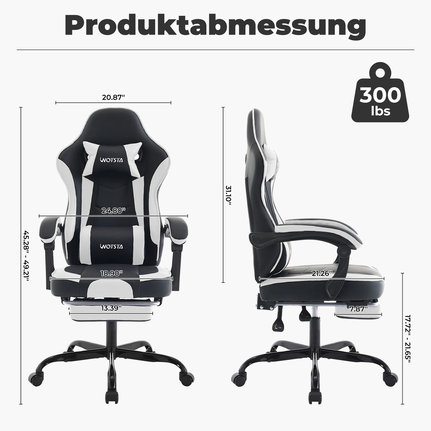 WOTSTA Gaming-Stuhl mit Fußstütze, Gamer-Stühle, ergonomisch, mit Lendenkissen, Kopfstützenstuhl, höhenverstellbarer Computerstuhl