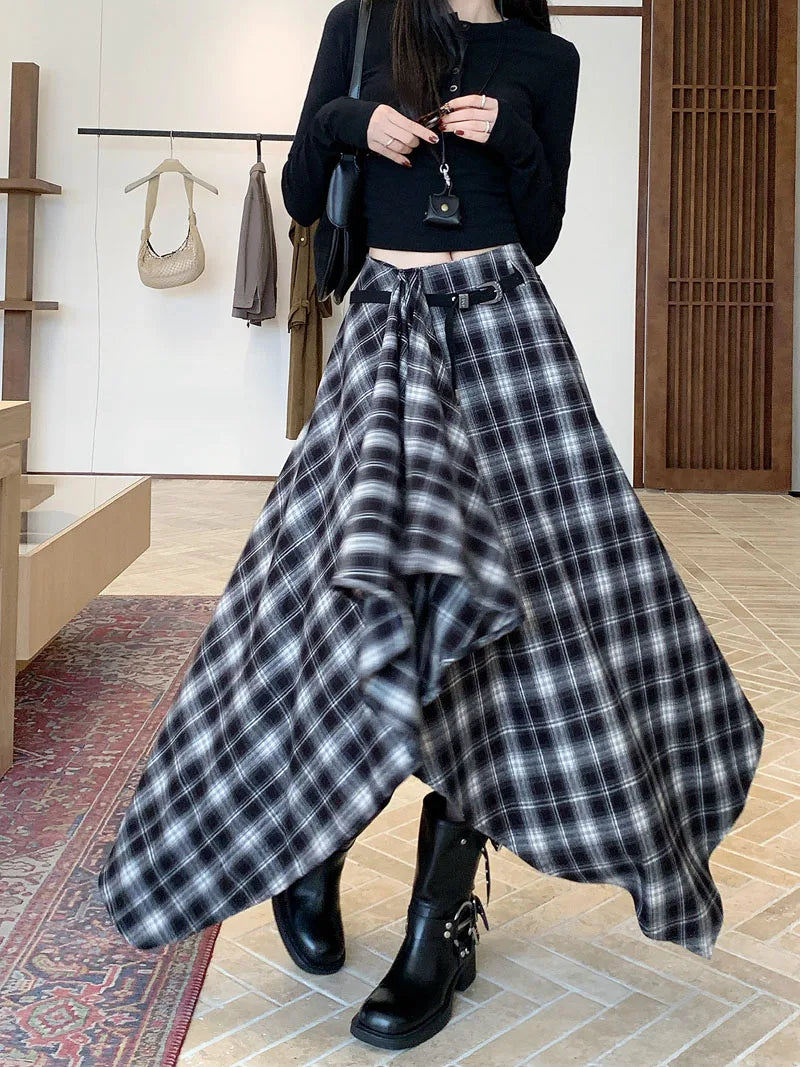 Qiukichonson Long Skirts Women Woolen Skirt 2025 Goth Autumn Winter High Waist Ruffles Asymmetrical Plaid Skirt Maxi With Belt.