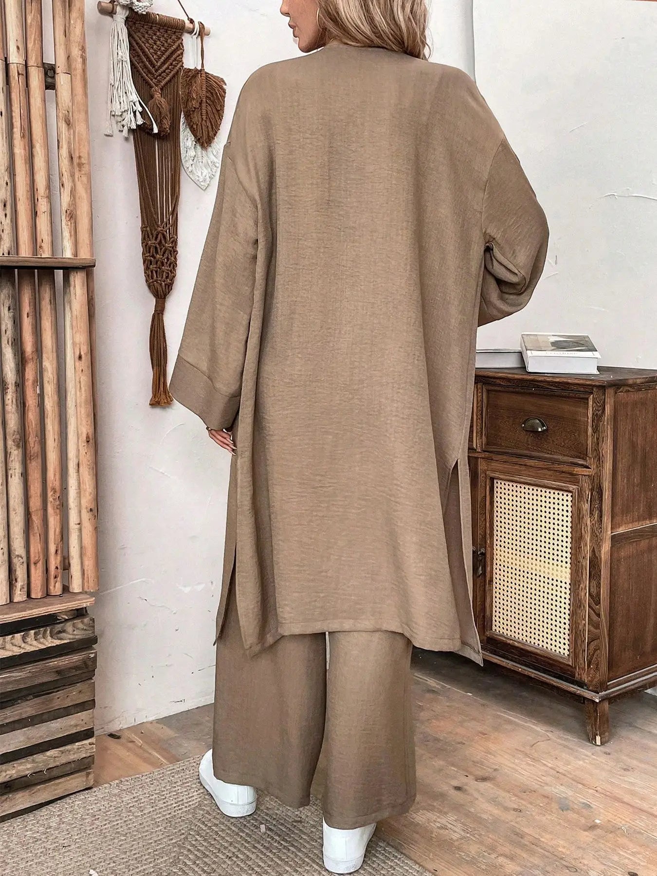 Clothes Autumn open-collar Solid Color Long Loose Top + Drawstring Wide-leg Trousers Trajes De Mujer Conjunto 2 Piezas Elegantes.