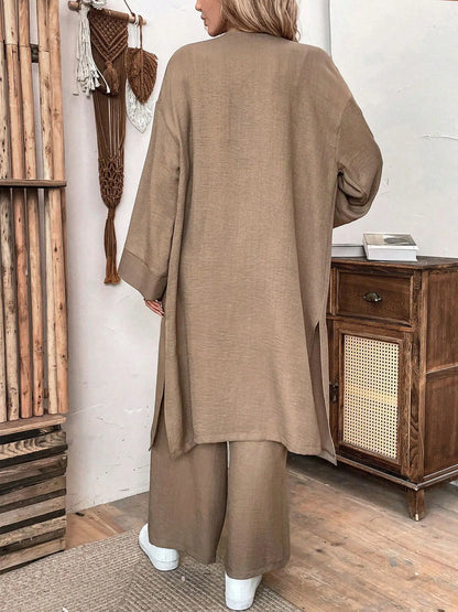 Clothes Autumn open-collar Solid Color Long Loose Top + Drawstring Wide-leg Trousers Trajes De Mujer Conjunto 2 Piezas Elegantes.