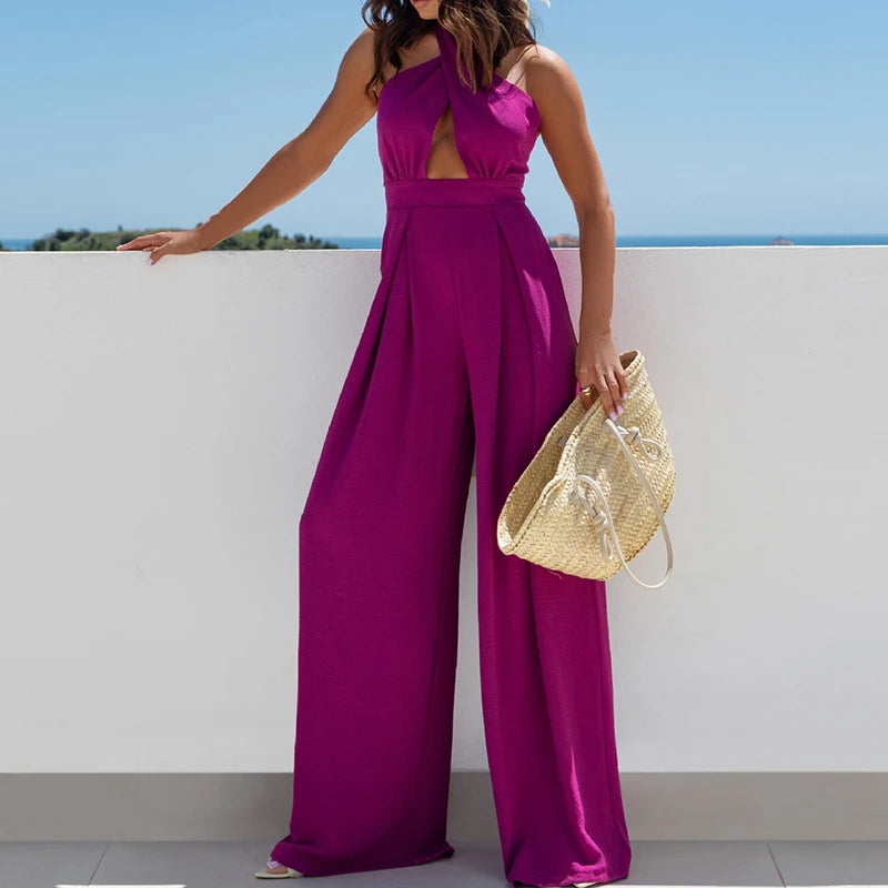 Women Fashion Hollow Combination High Street Hollow Backless Slim Long Jumpsuit 2025 Solid Cross Halter Wide Leg Office Rompers.