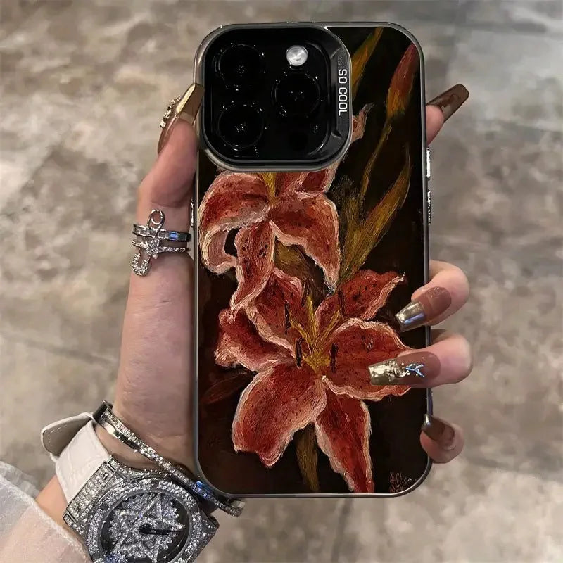 Painting Lily Flower Phone Case For iPhone 17 Air 16 15 14 13 12 11 Pro Max 7 8 Plus Black Hard Cover.