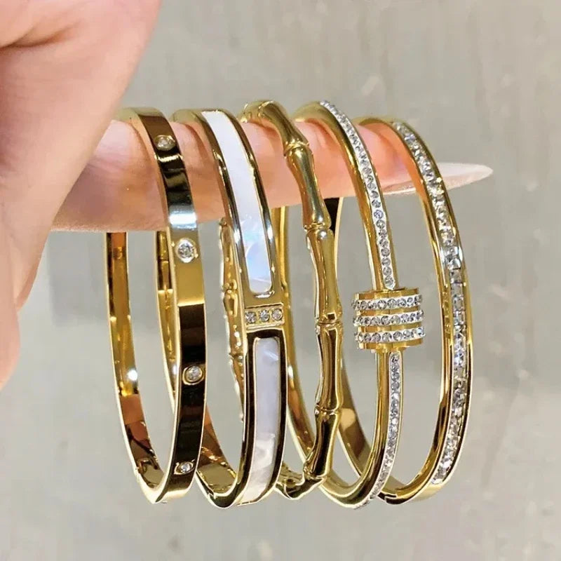 Titanium Steel Gold Silver Color Bangles for Women Girls Trend Waterproof Jewelry Luxury Sparkling Zircon Bracelet Bangle.