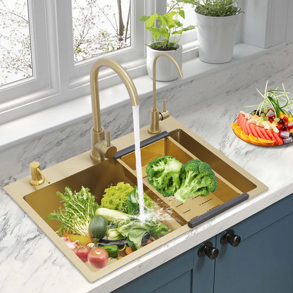 Gold Drop-in-Küchenspüle, 23,62 x 17,72 Zoll, Einzelschüssel-Arbeitsplatte oder eingebettetes Küchenspülen-Set aus Edelstahl, 7,87 Zoll Tiefe