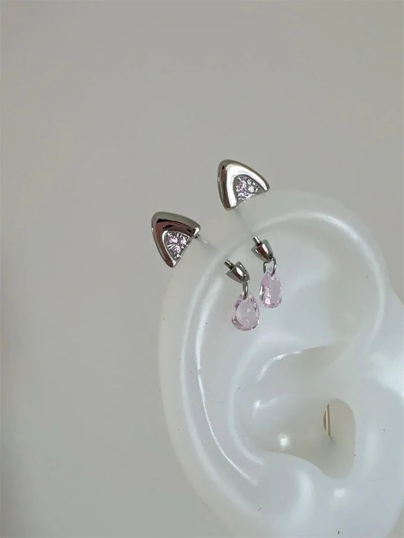 Silver Color Cat's Ear Droplet Shaped Zircon Stainless Steel Ear Bone Nail Earring for Women New Trendy Body Piercing Accessorie.