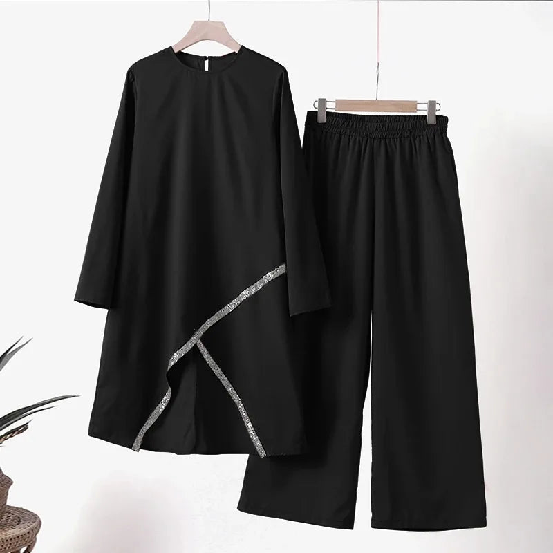 Women Eid Musulman Ensemble Muslim Sets Solid Blouses Wide Leg Pants Ramadan Morocco Two Pieces Dubai Kaftan Loose Modest.