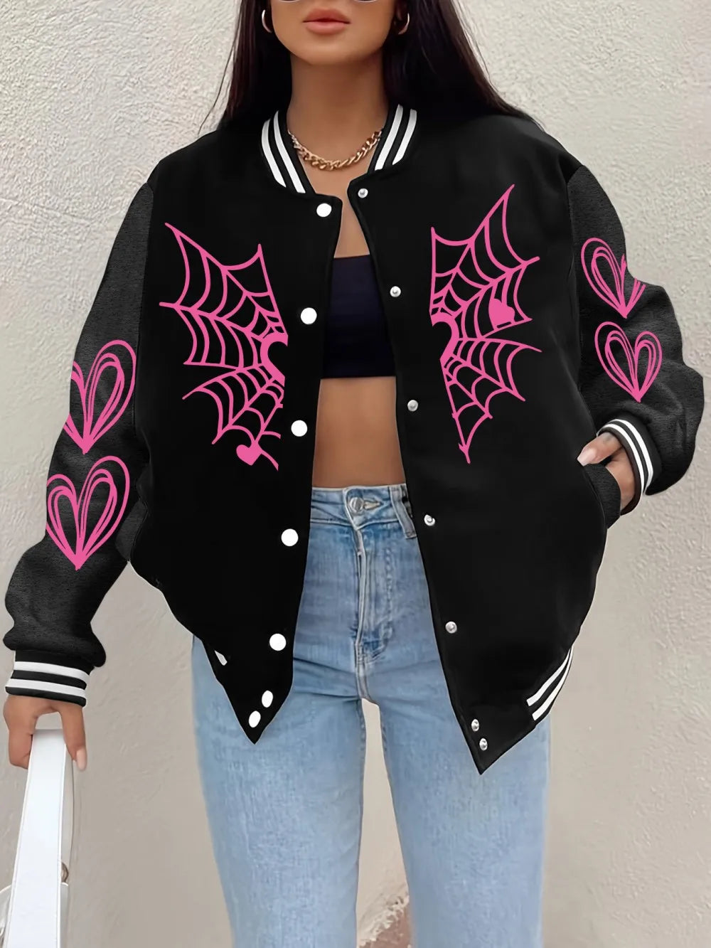 Spider'S Web Heart Printing Baseball-Mantel für Damen, bequeme, lockere Jacken, Winter-Fleece, warme Oberteile, Basics, lässige Damenbekleidung.