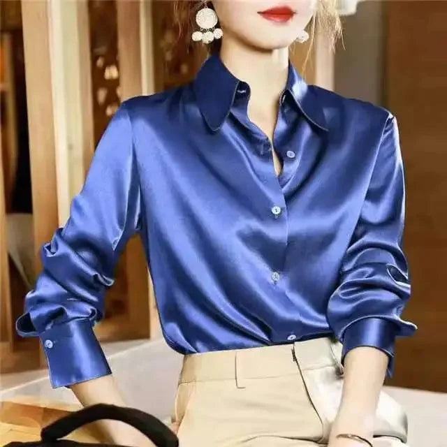 High Quality Silkly Satin Women's Shirt Office Ladies Long Sleeve Blouses Polo Neck Gold shirt Button Luxury Casual women tops.