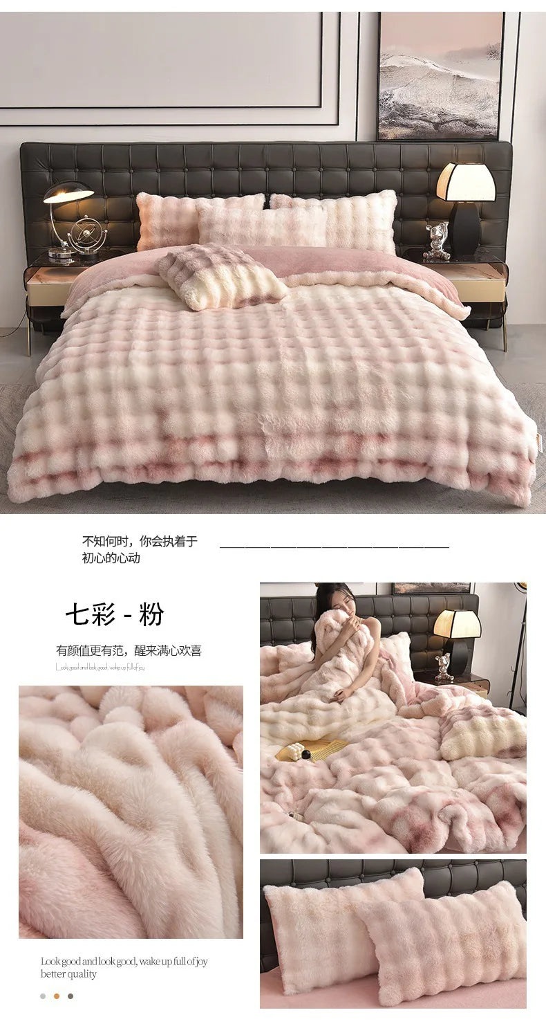 2024 new light luxury rabbit velvet four-piece set thickened warm milk velvet rabbit hair tie-dye bed sheet quilt cover