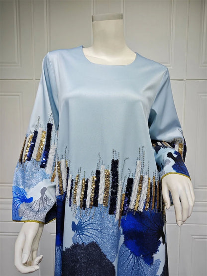 Siskakia Arab Saudi Printing Sequins Long Dresses Galabia Muslim Eid Women Abayas Islam Clothing Turkish African Kebaya 2024 New