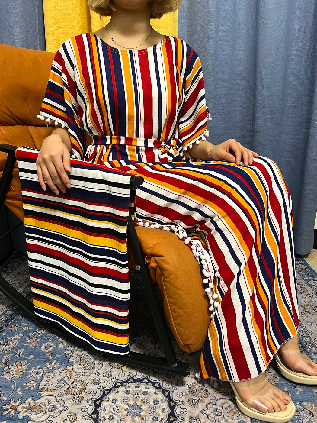 Abayas For Women 2024 Printed Vertical Stripe Tassels Elasticity Loose Fit Femme Robe African Woman Dresses With Belt Headscarf