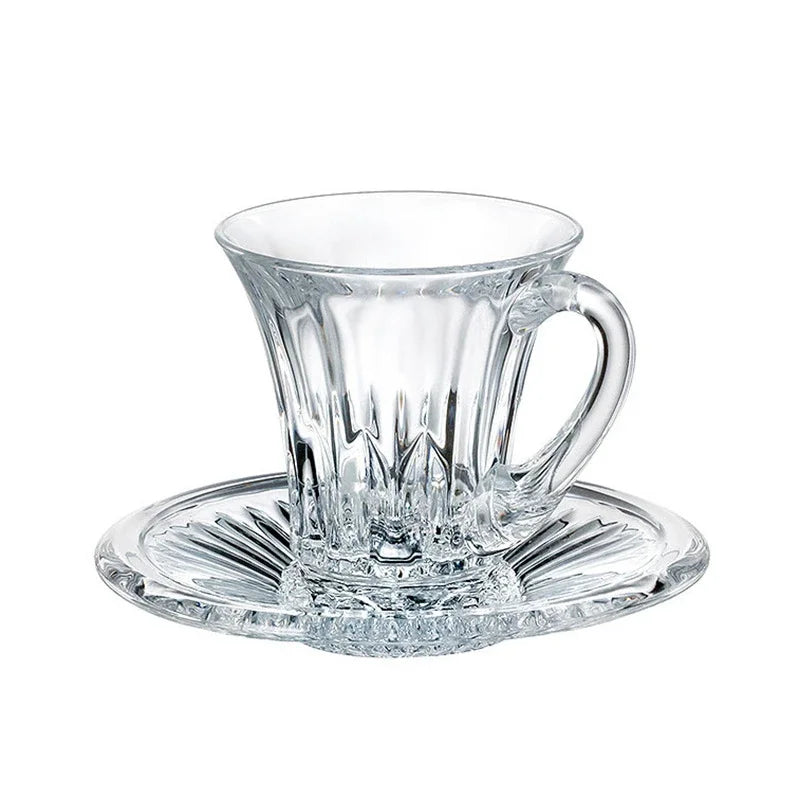 Crystal Glass Cappuccino Hot Drink Coffee Cup Simplicity Household Creative Transparent Flower Tea Hot Drink Cup and Saucer Set.