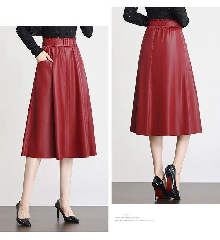 S-5XL New Women Plus Size Leather Skirt Spring Autumn Fashion Stretch Waist A-Line Loose Long Skirt Split Leather Sheepskin.