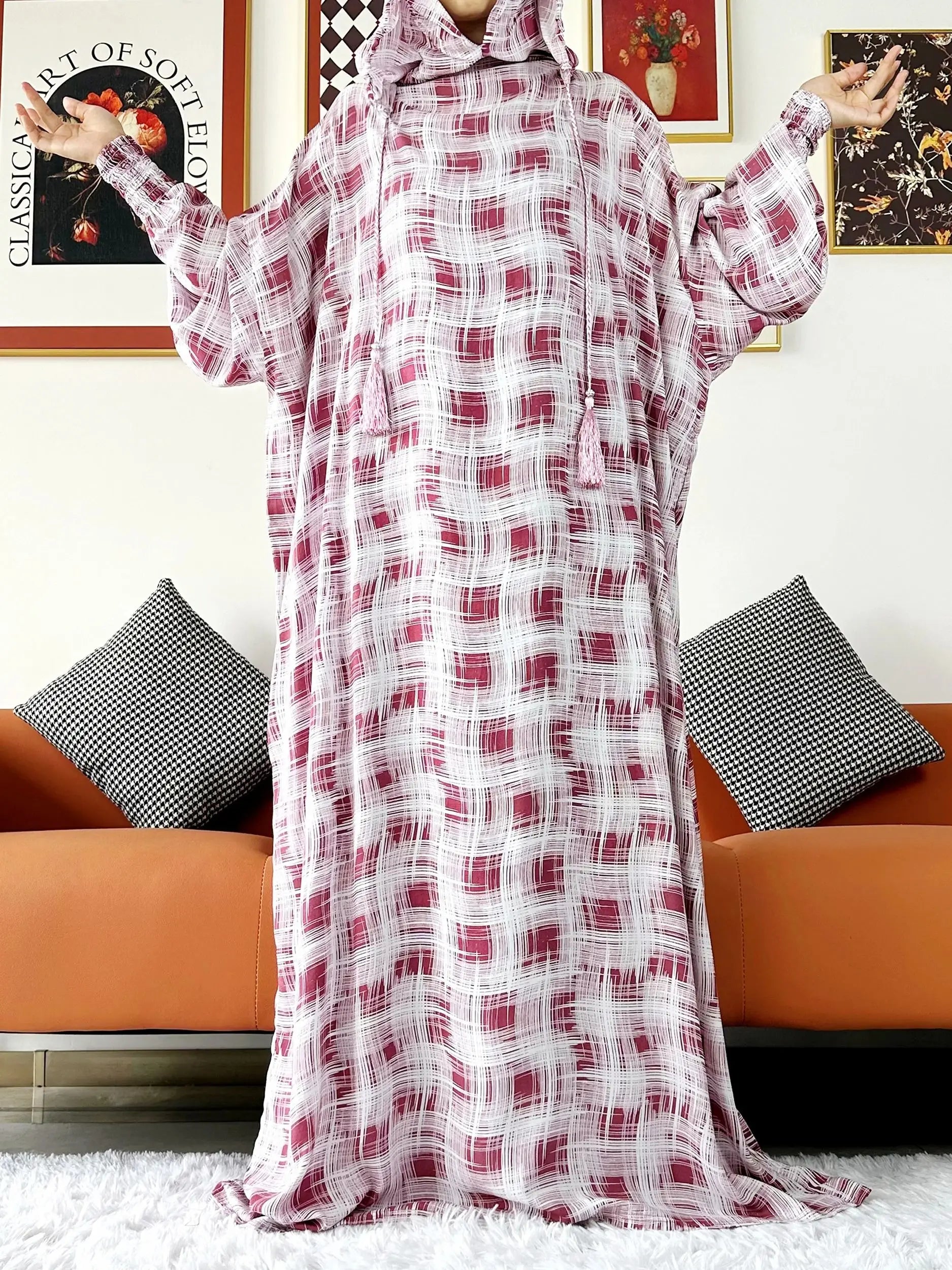 Promotion New Two Hat Women Abaya With Hooded Floral Casual Long Sleeve Abaya Tassel Muslim Saudi Prayer Kaftan Oriental Robes.