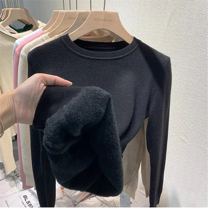 Rosa Pullover Frauen Winter Dicke Warme Stricken Pullover Schlank Plüsch Samt Gefüttert Strickwaren Jumper Langarm Tops Oansatz Poleras Mujer