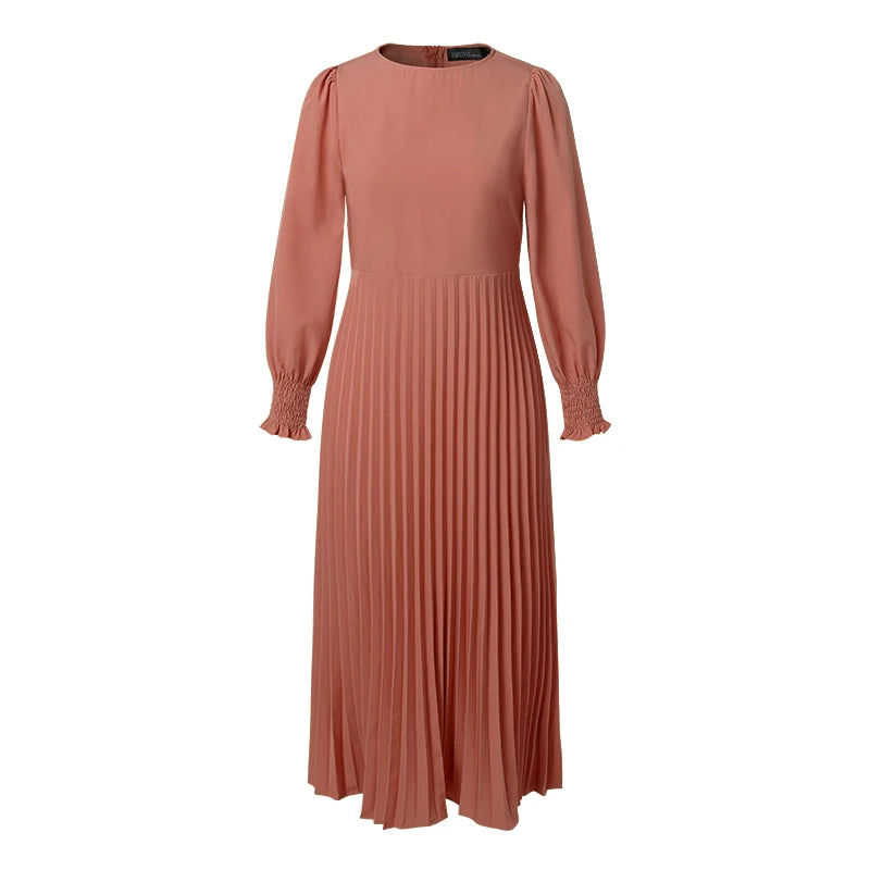 ZANZEA Elegantes Damen-Plisseekleid, edel, gesmokte Bündchen, langärmelig, O-Ausschnitt, Fit und Flare, lang, Vestidos, Pendeln, solide Party-Roben.