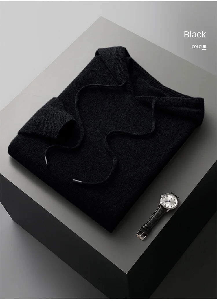 Autumn Winter New Merino Sweater Men's 100% Wool Hooded Collar Knitted Pullover Casual long Sleeved Hoodie