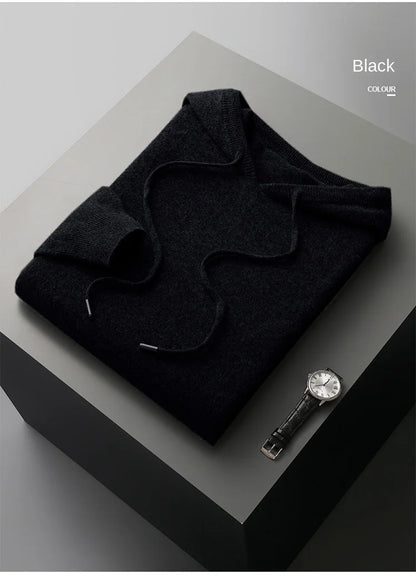 Autumn Winter New Merino Sweater Men's 100% Wool Hooded Collar Knitted Pullover Casual long Sleeved Hoodie