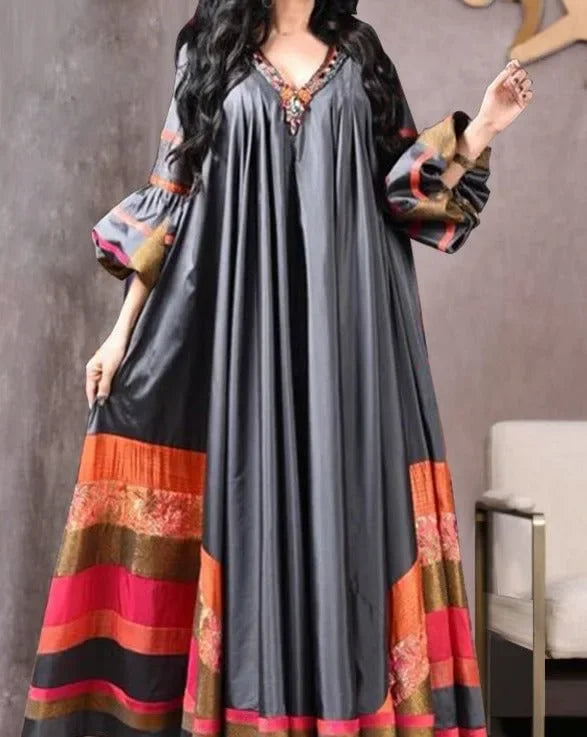 V-neck Loose Muslim Abayas for Women Vintage Printed Long Dress Women Breathable Middle Eastern Robe Casual Long Sleeve Abaya.