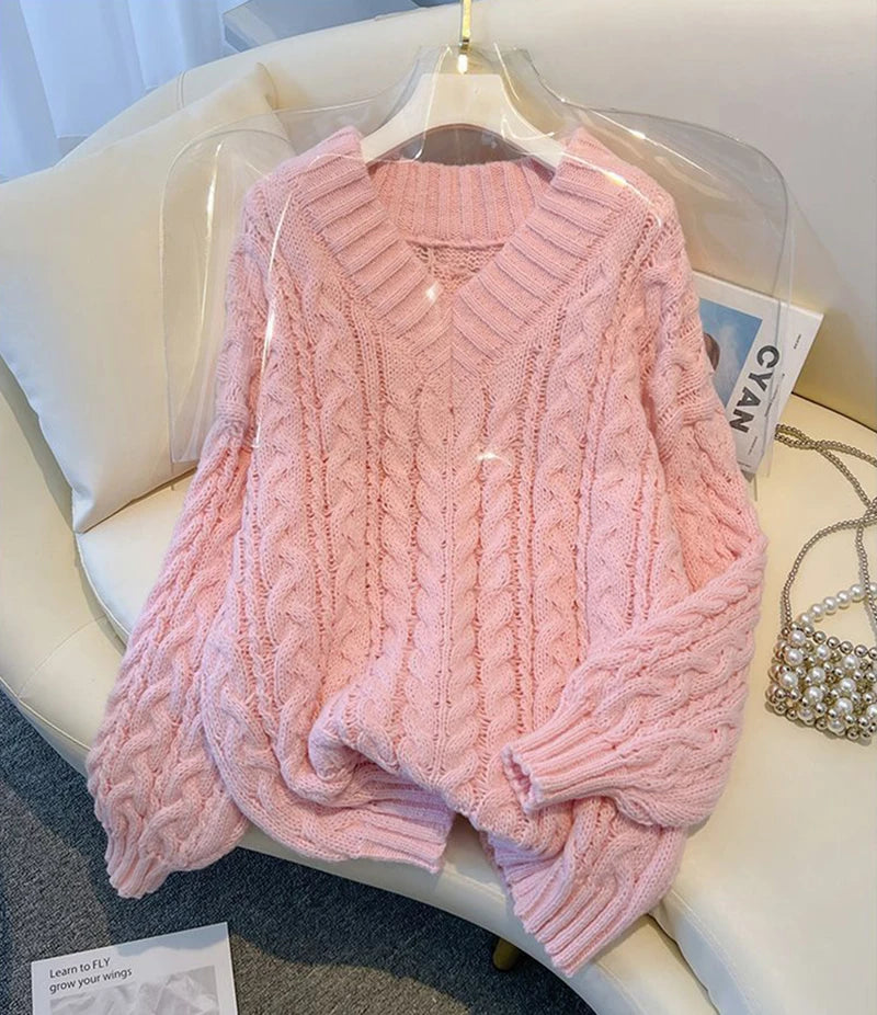MEXZT Harajuku Pullover Frauen Mode Übergroßen Rosa V-ausschnitt Gestrickte Pullover Koreanische Langarm Strickwaren Winter Casual Jumper.