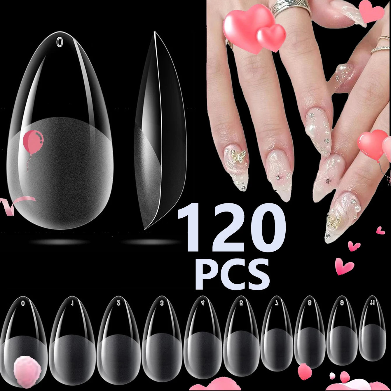120PCS- Semi-frosted short almond clear fake nails, whitening nail art set with removable fake nails for festivals, parties, dat