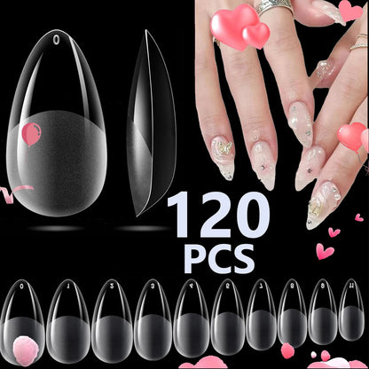 120PCS- Semi-frosted short almond clear fake nails, whitening nail art set with removable fake nails for festivals, parties, dat