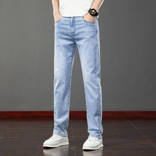 Spring Summer Thin Slim Fit Jeans Mens Elastic Straight Casual Business Denim Pants Washed Classic Brand Clothing Men Trousers.