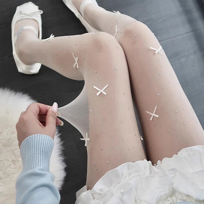 New Lolita Velvet Bowkont Embroidery Pearl Tights Pantyhose Flash Diamond Women Tight JK Style Sweet Girls Kawaii Cute Stockings.