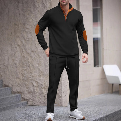 Men's new autumn style American stand-up collar button elbow patch color-block long-sleeve hoodie and pants set.
