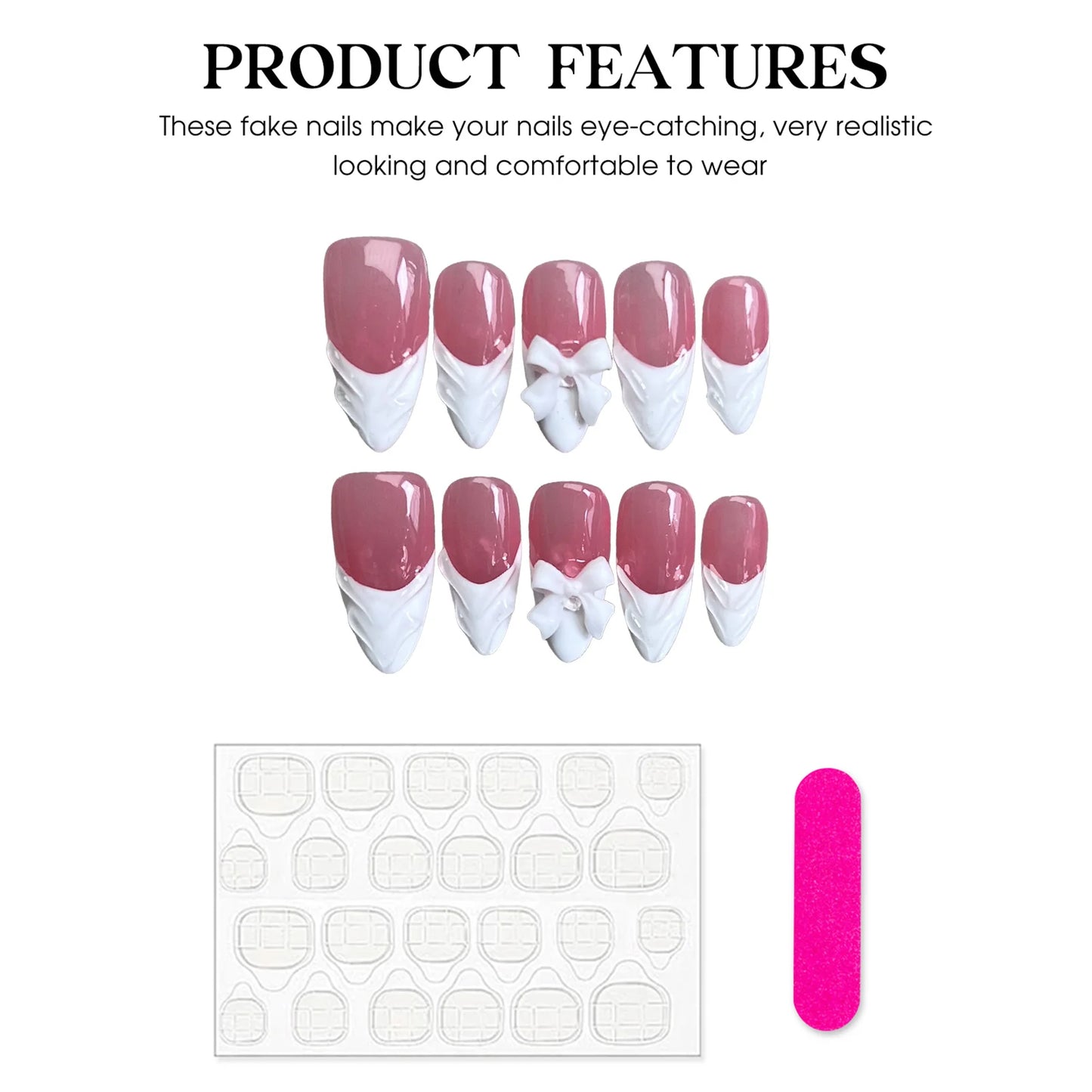 10pcs White French Handmade False Nails 3D Bowknots Designs Press On Nails Rose Pink Detachable Almond Fake Nail Patches.