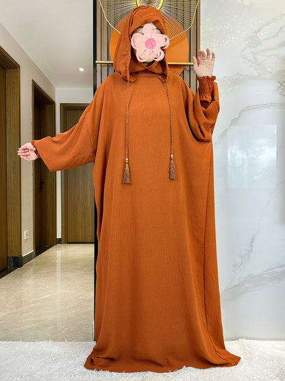 Muslim Abaya Solid Cotton Pullover Two Hat Women Eid Hooded Long Maxi Dress Turkey Kaftan Arab Robe Islamic Hijab Dubai Clothing.