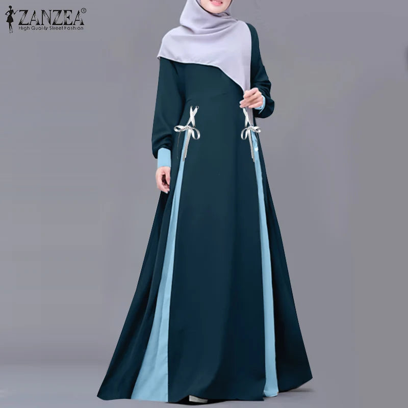 ZANZEA Mode Frauen Langarm Muslimischen Abaya Kleid Frühling Patchwork Maxi Kleider Robe Femme IsIamic Vestidos Lace Up Sommerkleid.