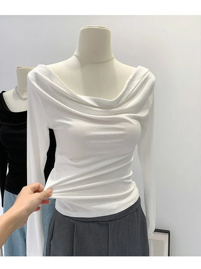 Off-The-Shoulder Long Sleeve T-Shirt Women's Early Autumn New Slimming Design Korean Style Sweet And Spicy Fashion Tops.