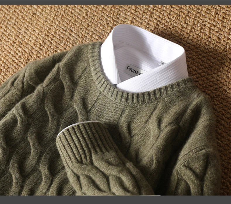 Autumn Winter Thickened Cashmere Sweater 100% Merino Wool Men's Top O-Neck Twisted Pullover Knitted Loose Long Sleeve Sweater.