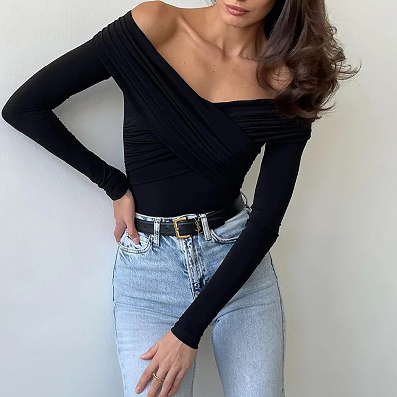 New Solid Sexy Off Shoulder Bodysuits Women Fashion Crossed Folds Skinny Rompers Long Sleeve Fashion Streetwear Autumn Bodysuits.