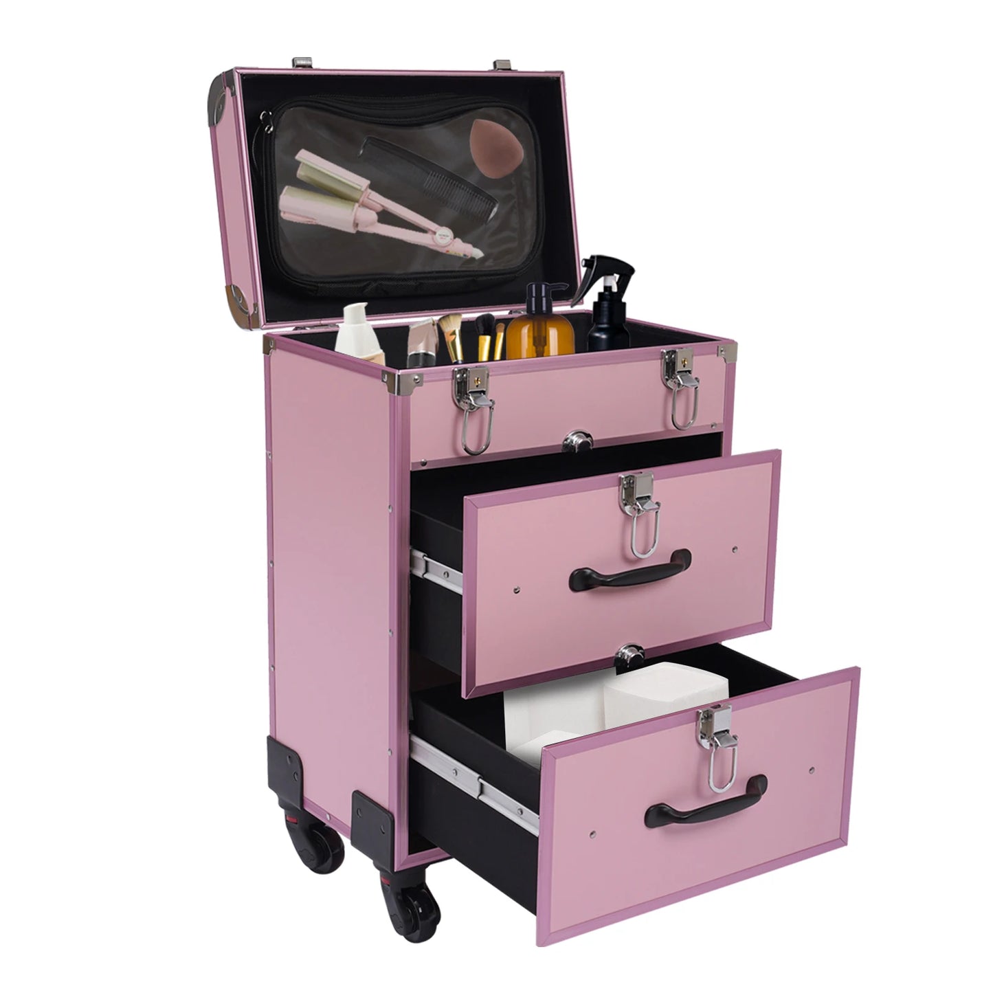 3 in 1 Rolling Makeup Case with Drawer, Large Makeup Case Organizers, Profesional Cosmetic Case for Salon Barber, Light Pink.