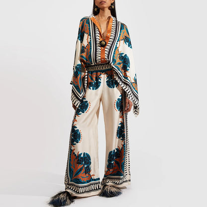 Retro Printed Loose Indie Folk Outfit Women Spring Stand Collar Button Irregular Top+Pant Set Fall Batwing Long Sleeve 2pcs Suit.