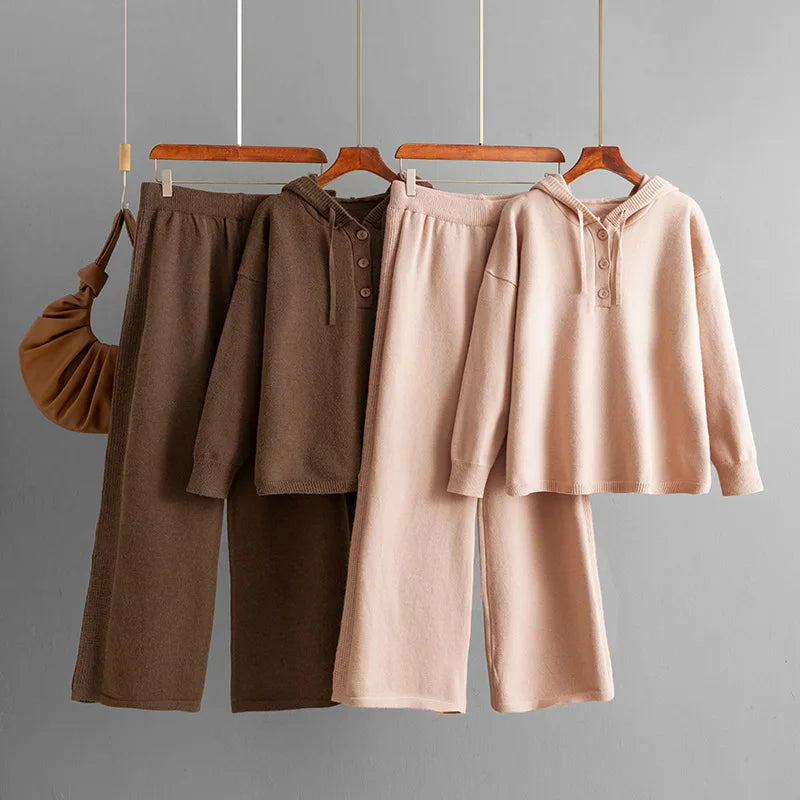 Autumn Winter 2025 New Fashion Women's Solid Color Casual Trendy Loose Knitted 2 Piece Sets Hooded Sweatshirts Wide Leg Trousers.